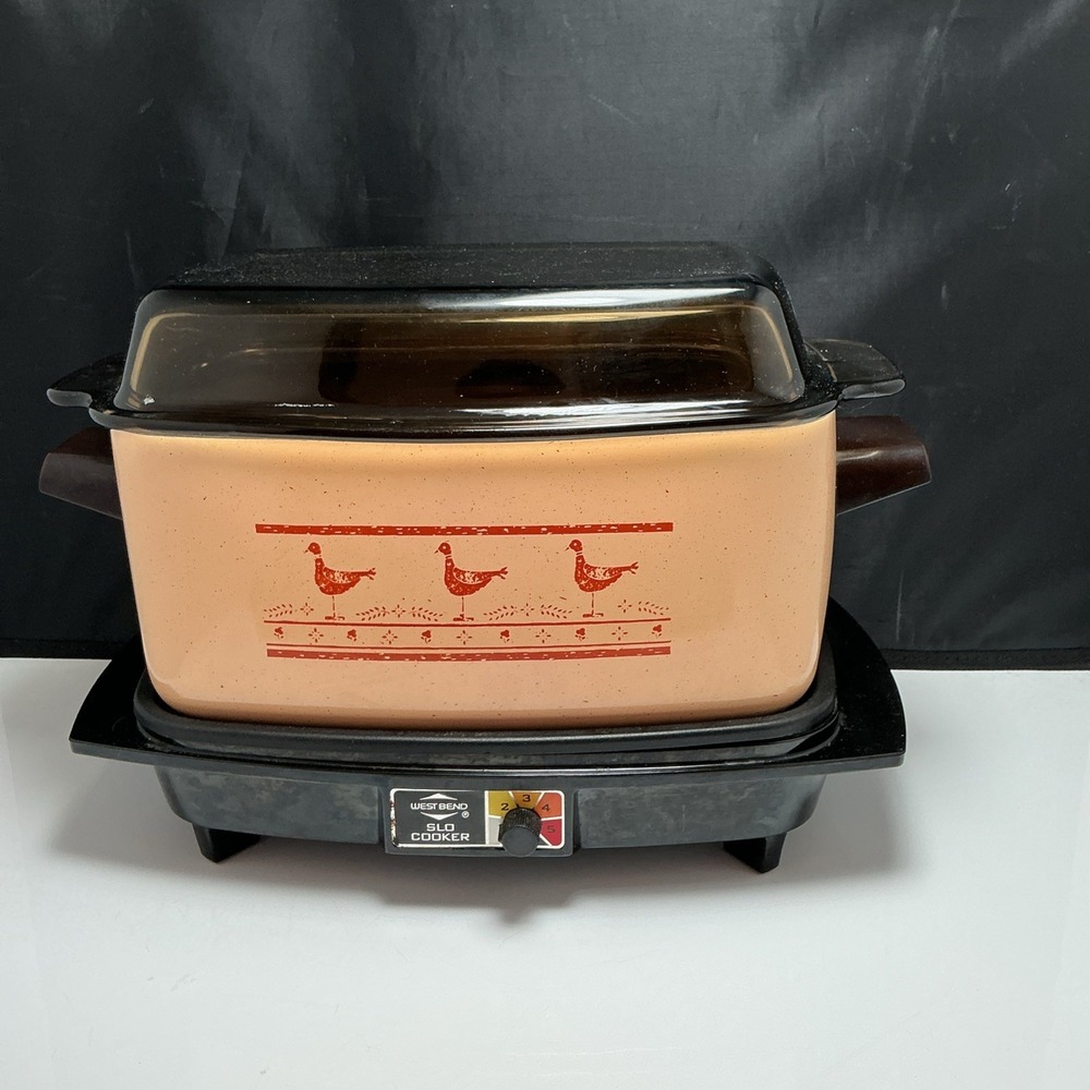 Vtg West Bend 6 Qt Slow Cooker Griddle Amber Glass Lid Chicken Rooster Tested